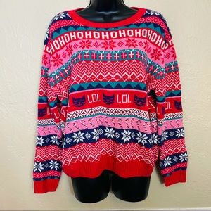 H&M Pink Oversized Ugly Christmas Fair Isle Cat Sweater